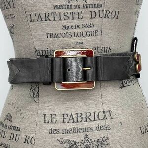 Wide Black Leather Belt with Red-Enamel Square Buckle
